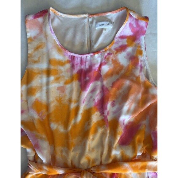 CALVIN KLEIN Tie Dye Chiffon Maxi Dress Women Large Orange Pink Tie Waist Ruffle - Picture 5 of 13